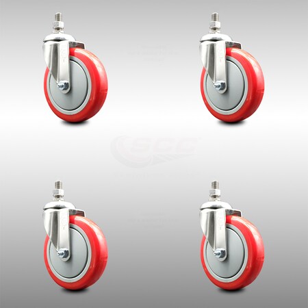 Service Caster 5 Inch 316SS Red Polyurethane Wheel Swivel 12mm Threaded Stem Caster Set SCC-SS316TS20S514-PPUB-RED-M1215-4